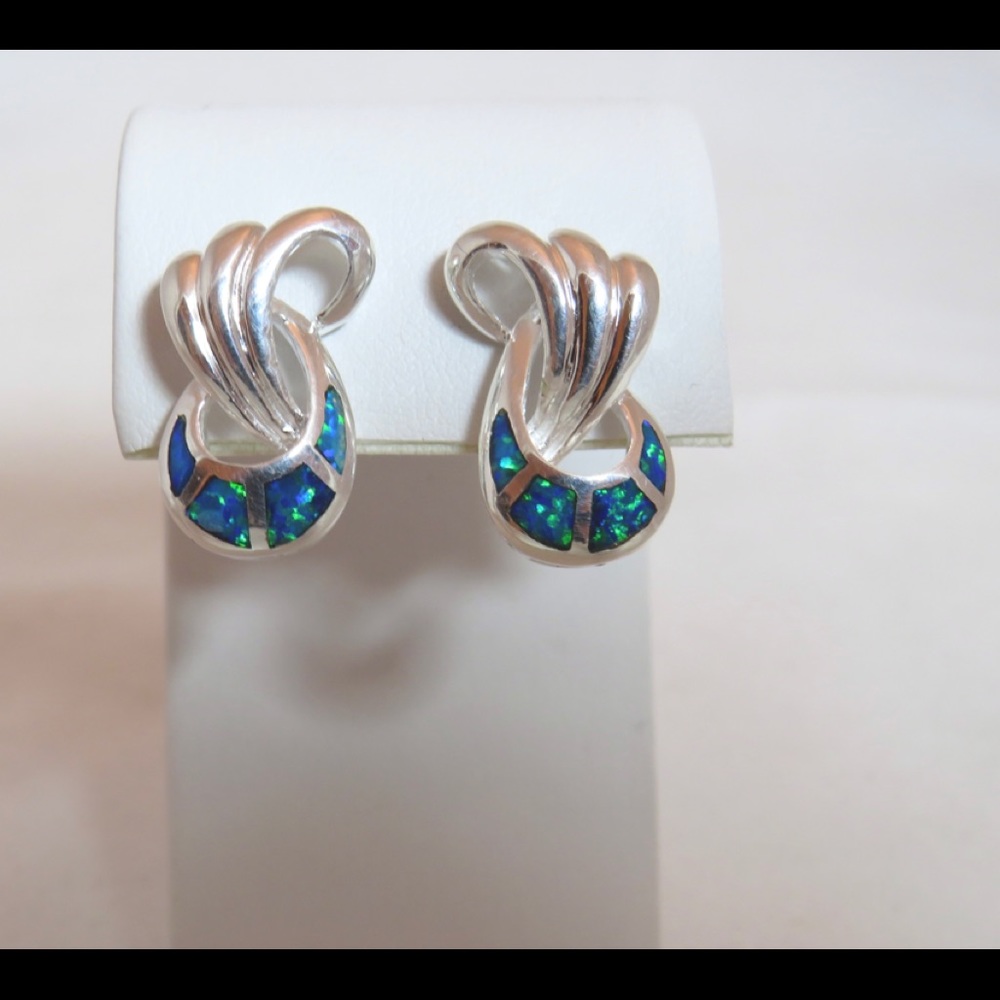 Sterling Silver Blue Lab Opal Doorknocker Earrings